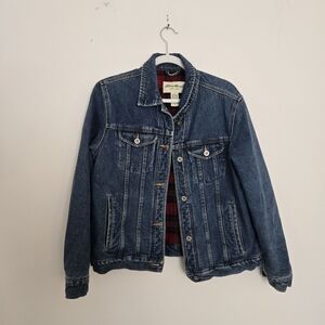 Eddie Bauer Denim Trucker Jacket with Red Plaid Flannel Lining Women's Medium